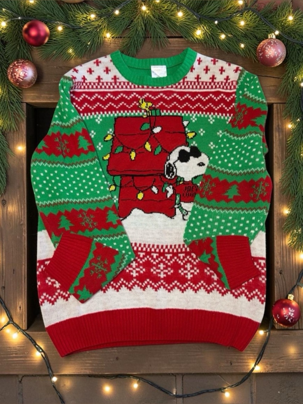 Peanuts Snoopy Joe Cool Ugly Christmas Sweater Mens Large L Green Red Doghouse K